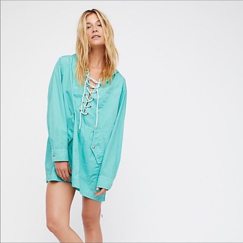 Free People Poplin Hooded Pullover in Sky XS/S NEW